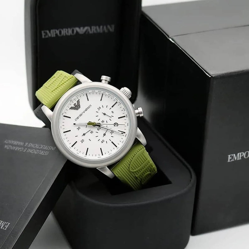 Shop Emporio Armani Chronograph White Dial Green Rubber Strap Watch For Men - AR11022 in USA
