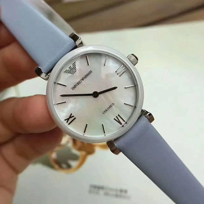 Emporio Armani Gianni T-Bar Mother Of Pearl White Dial Grey Leather Strap Watch For Women - AR11039 Buy Now By Emporio Armani