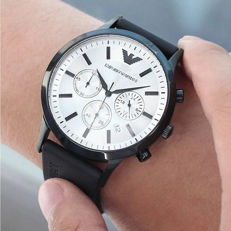 Shop Emporio Armani Chronograph Quartz Silver Dial Black Rubber Strap Watch For Men - AR11048 in USA