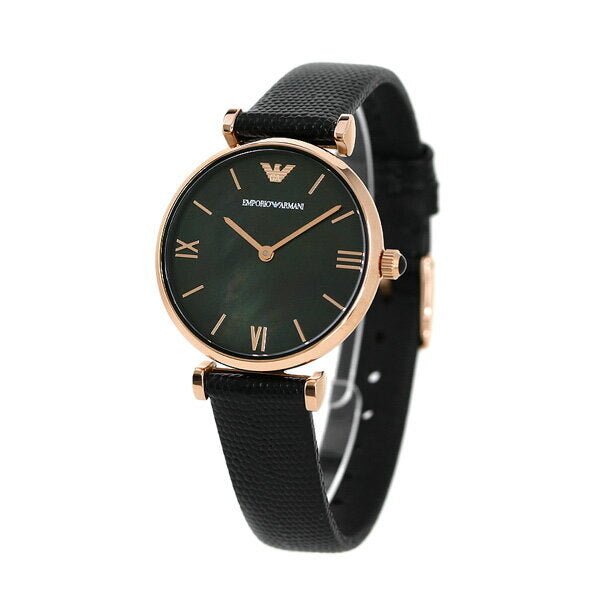 Emporio Armani Gianni T Bar Black Mother of Pearl Dial Black Leather Strap Watch For Women - AR11060 Buy Now By Emporio Armani