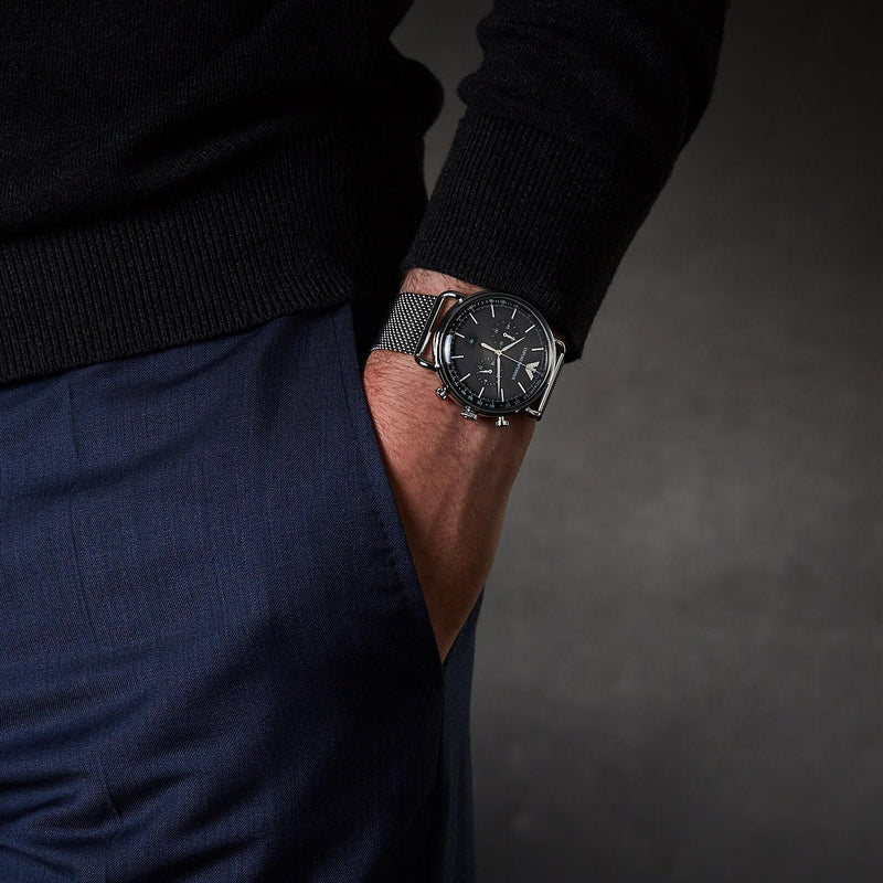 Emporio Armani Chronograph Black Dial Silver Mesh Bracelet Watch For Men - AR11104 Buy Now By Emporio Armani