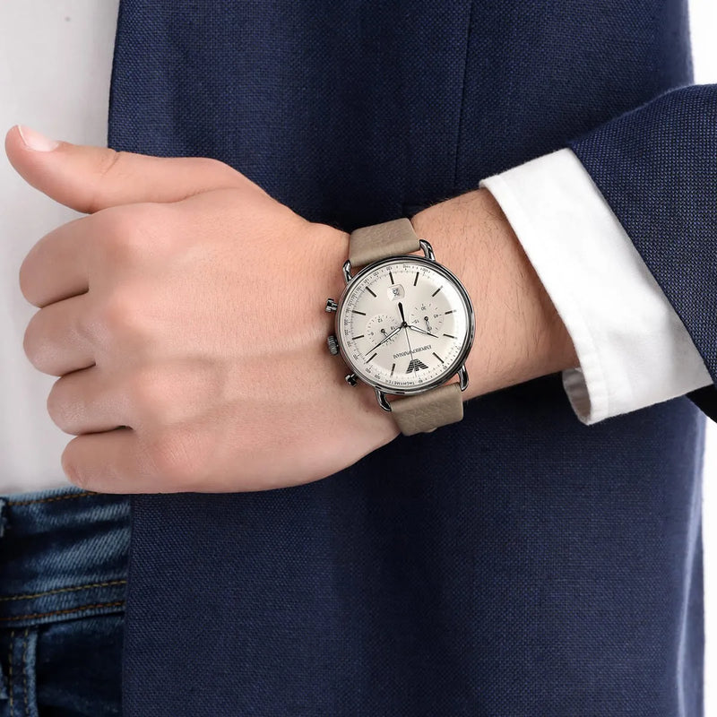 Emporio Armani Aviator Chronograph Quartz Grey Dial Beige Leather Strap Watch For Men - AR11107 Buy Now By Emporio Armani