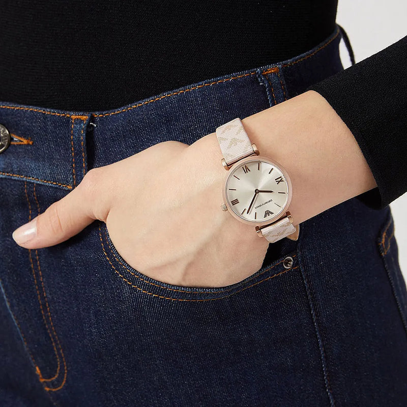 Emporio Armani Gianni T Bar Analog Silver Dial Beige Leather Strap Watch For Women - AR11127 Buy Now By Emporio Armani