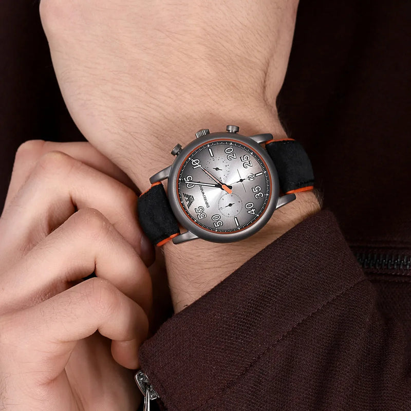 Emporio Armani Chronograph Quartz Grey Dial Black Leather Strap Watch For Men - AR11174 Buy Now By Emporio Armani