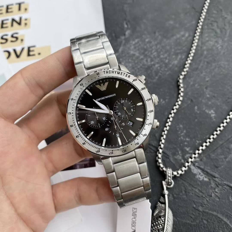 Emporio Armani Mario Chronograph Black Dial Silver Steel Strap Watch For Men - AR11241 Buy Now By Emporio Armani