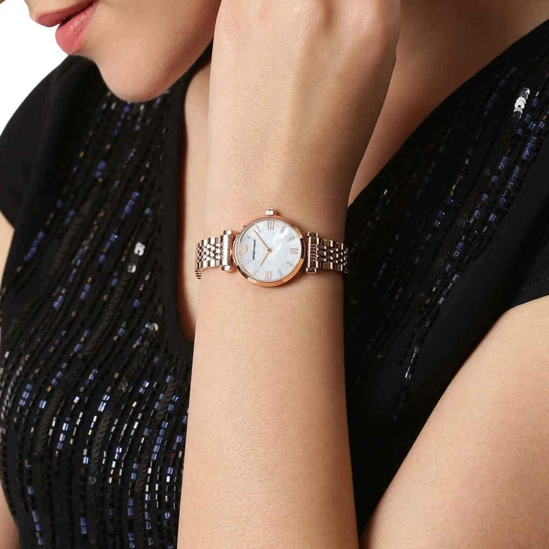 Emporio Armani Gianni T-Bar Mother of Pearl Dial Rose Gold Steel Strap Watch For Women - AR11316 Buy Now By Emporio Armani