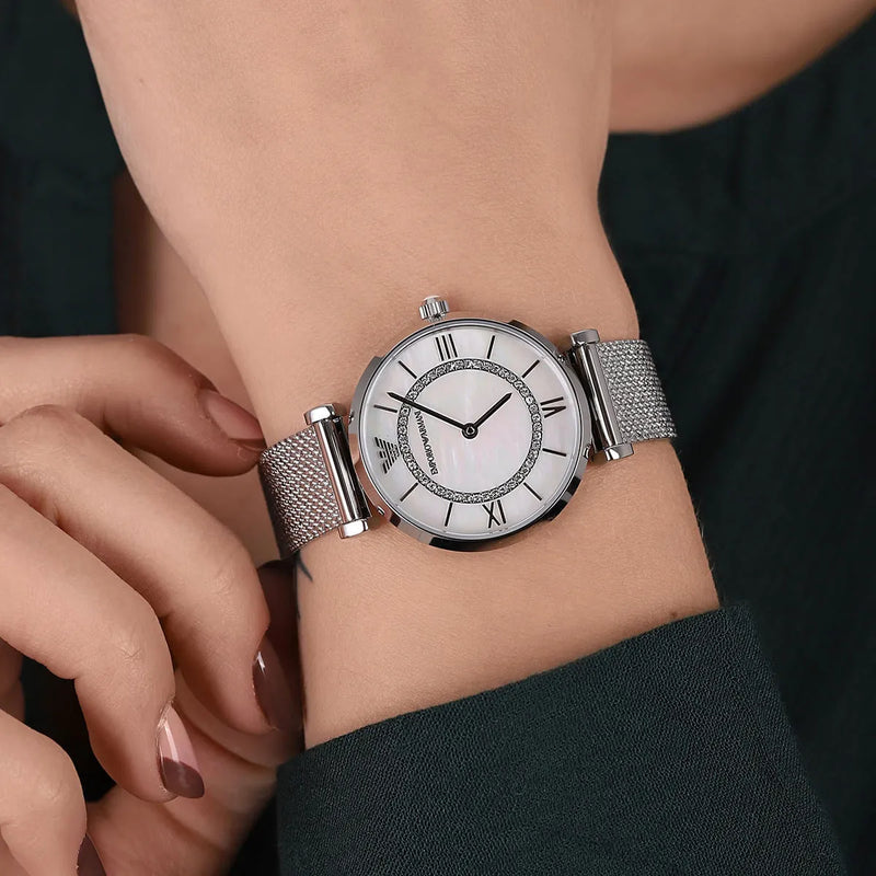 Emporio Armani Gianni T-Bar Quartz Mother of Pearl Dial Silver Mesh Bracelet Watch For Women - AR11319 Buy Now By Emporio Armani