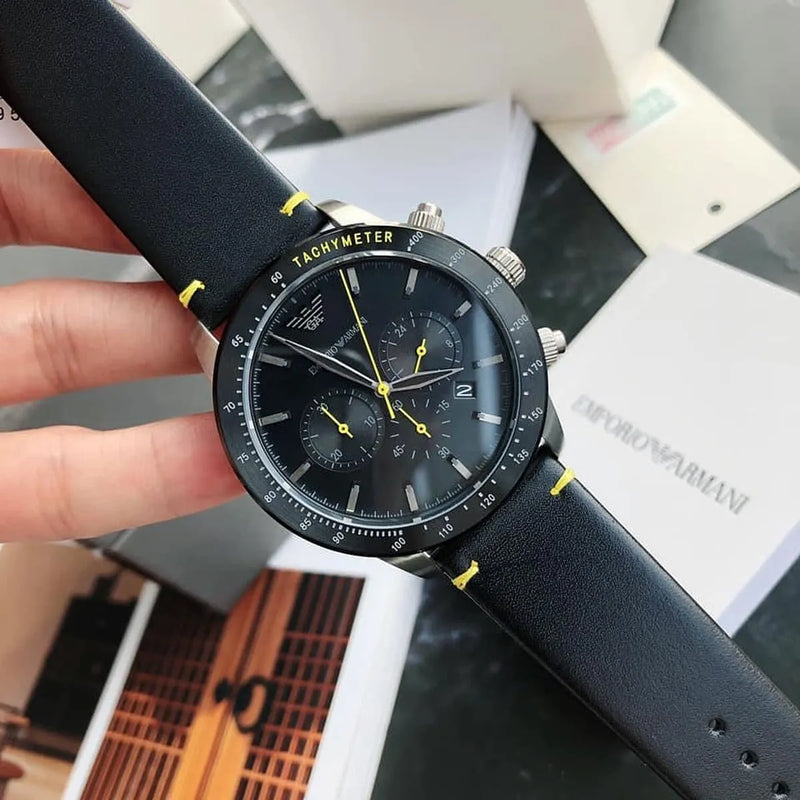 Emporio Armani Mario Chronograph Black Dial Black Leather Strap Watch For Men - AR11325 Buy Now By Emporio Armani