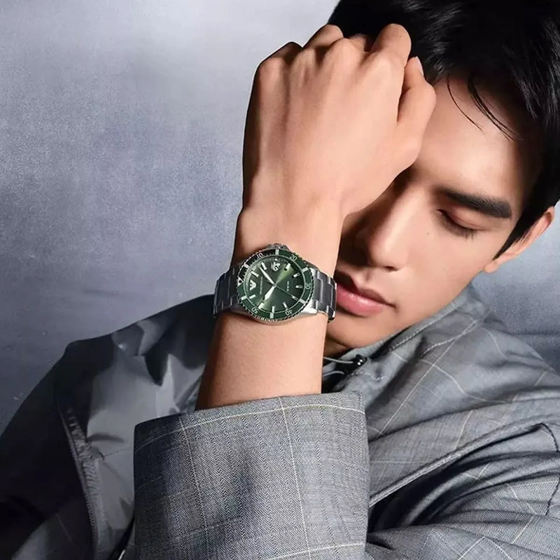 Emporio Armani Three Hand Green Dial Silver Steel Strap Watch For Men - AR11338 Buy Now By Emporio Armani