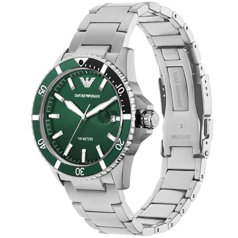Emporio Armani Three Hand Green Dial Silver Steel Strap Watch For Men - AR11338 Buy Now By Emporio Armani