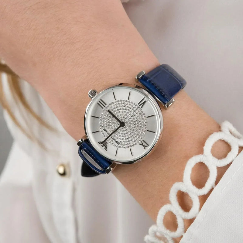 Emporio Armani Gianni T Bar Quartz Crystals Silver Dial Blue Leather Strap Watch For Women - AR11344 Buy Now By Emporio Armani