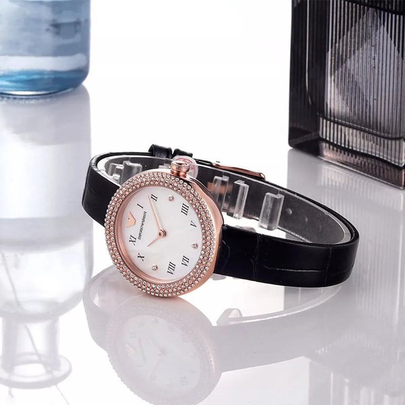 Emporio Armani Rosa Quartz Mother Of Pearl White Dial Black Leather Strap Watch For Women - AR11356 Buy Now By Emporio Armani