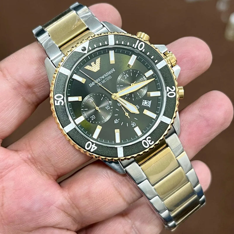 Emporio Armani Diver Chronograph Green Dial Two Tone Steel Strap Watch For Men - AR11361 Buy Now By Emporio Armani