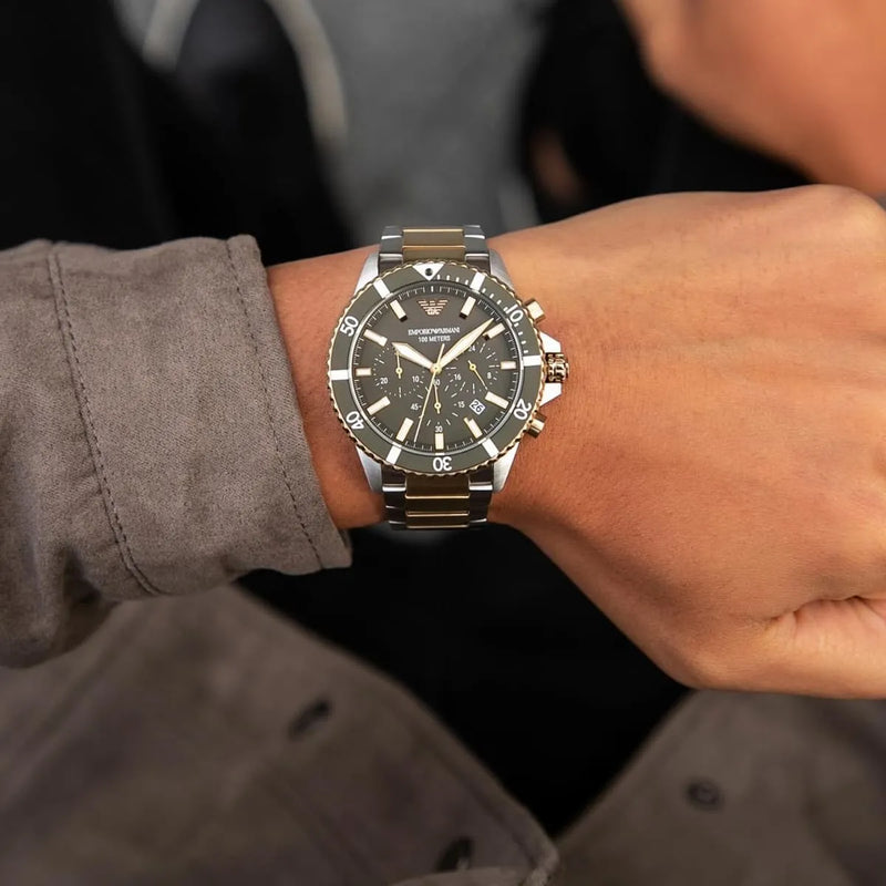 Emporio Armani Diver Chronograph Quartz Black Dial Silver Steel Strap Watch For Men - AR11360 Buy Now By Emporio Armani