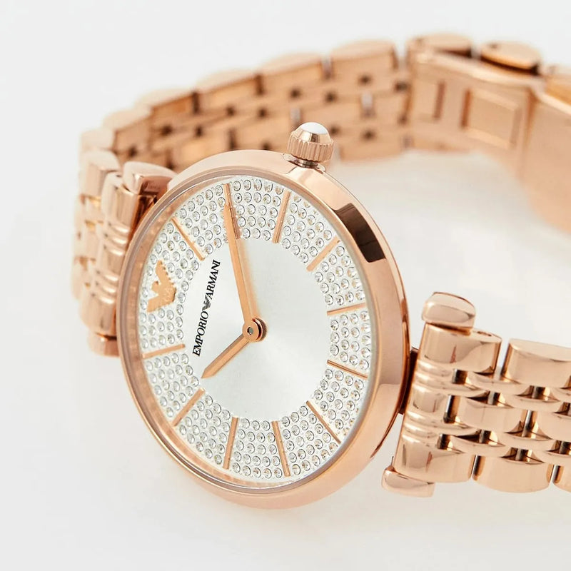 Emporio Armani Gianni T-Bar Crystals Silver Dial Rose Gold Steel Strap Watch For Women - AR11446 Buy Now By Emporio Armani