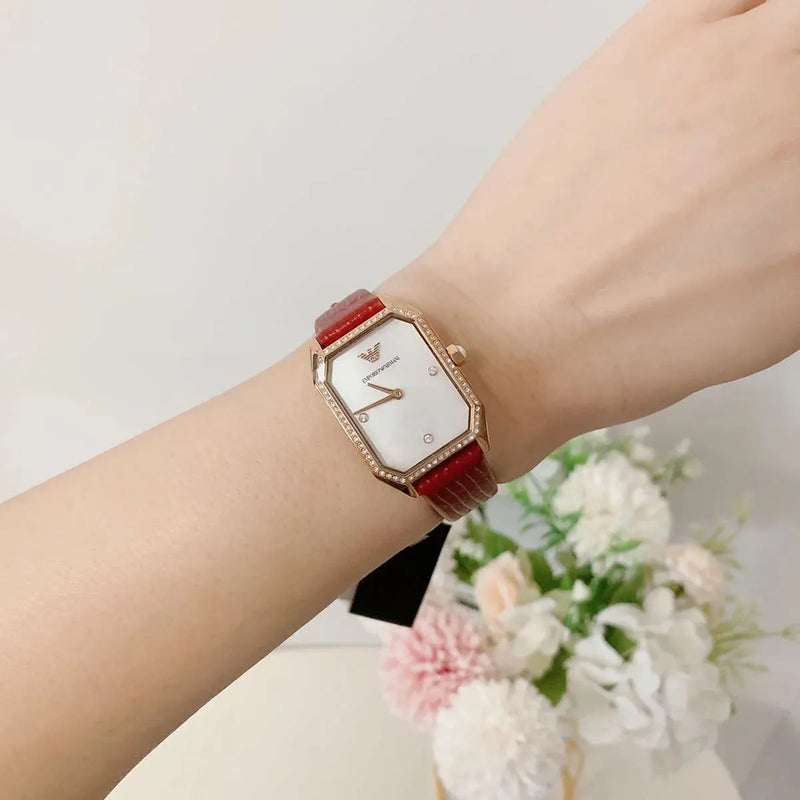 Emporio Armani Gianni T Bar Two-Hand Mother of Pearl Dial Red Leather Strap Watch For Women - AR11467 Buy Now By Emporio Armani