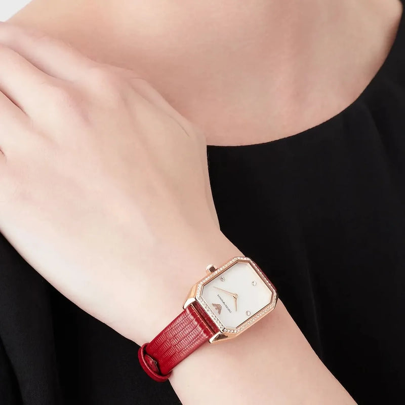 Emporio Armani Gianni T Bar Two-Hand Mother of Pearl Dial Red Leather Strap Watch For Women - AR11467 Buy Now By Emporio Armani