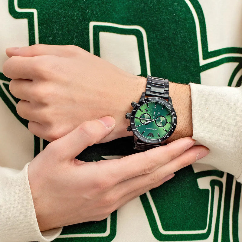Emporio Armani Mario Chronograph Green Dial Black Steel Strap Watch For Men - AR11472 Buy Now By Emporio Armani