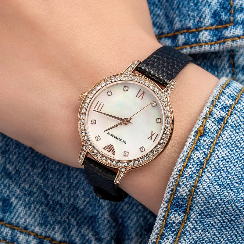 Emporio Armani Cleo Three-Hand Mother of Pearl Dial Black Leather Strap Watch For Women - AR11485 Buy Now By Emporio Armani