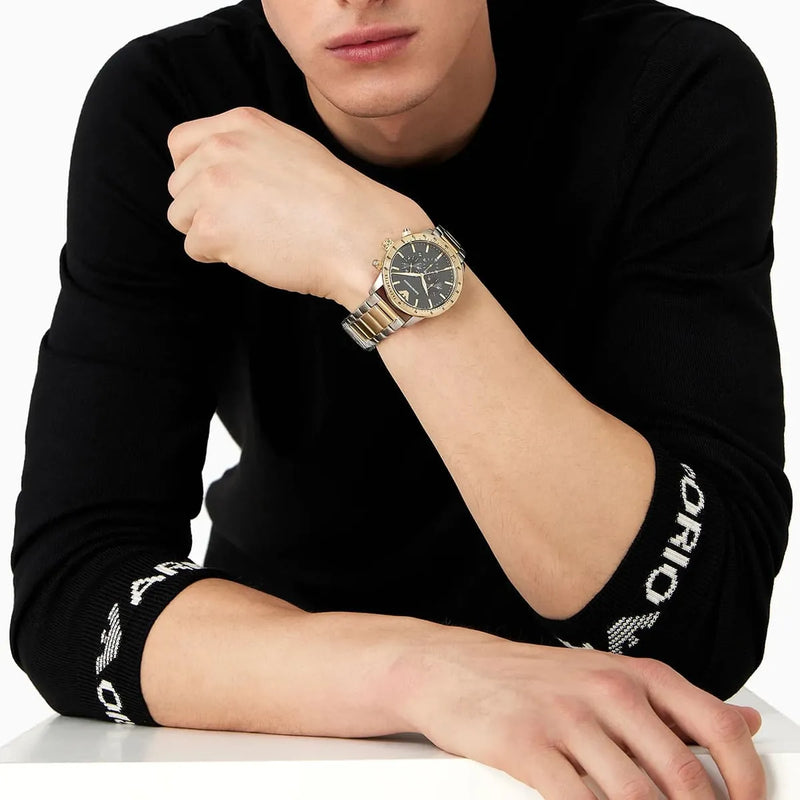 Emporio Armani Analog Chronograph Black Dial Two Tone Steel Strap Watch For Men - AR11521 Buy Now By Emporio Armani