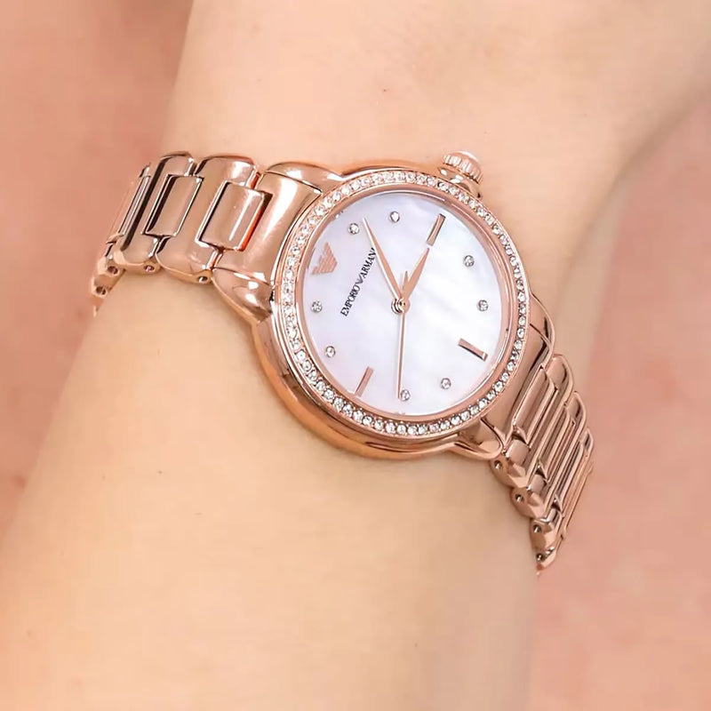 Emporio Armani Aira Three Hand Mother of Pearl Dial Rose Gold Steel Strap Watch For Women - AR11523 Buy Now By Emporio Armani