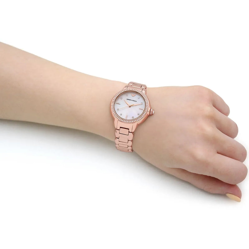Emporio Armani Aira Three Hand Mother of Pearl Dial Rose Gold Steel Strap Watch For Women - AR11523 Buy Now By Emporio Armani