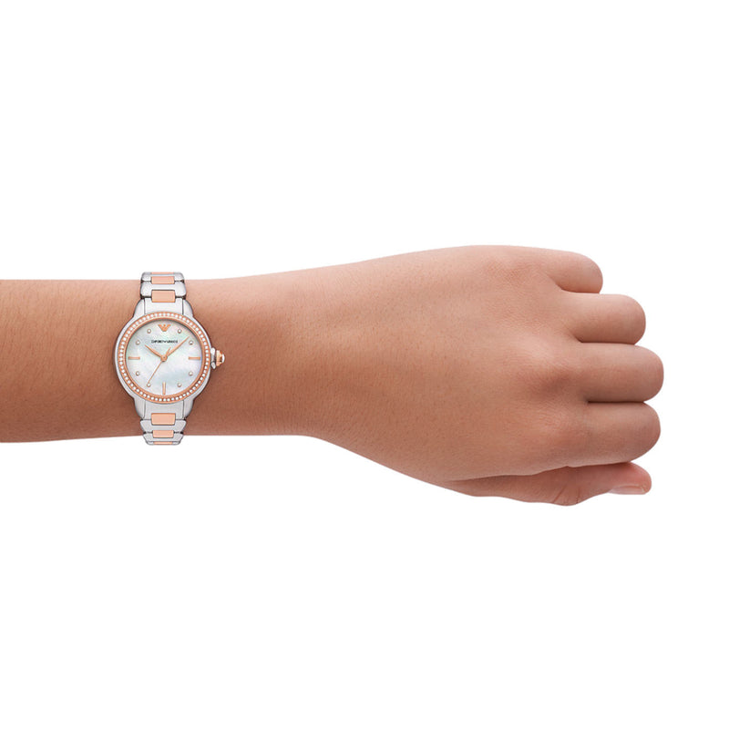 Emporio Armani Three Hand Quartz Mother of Pearl Dial Two Tone Steel Strap Watch For Women - AR11569 Buy Now By Emporio Armani