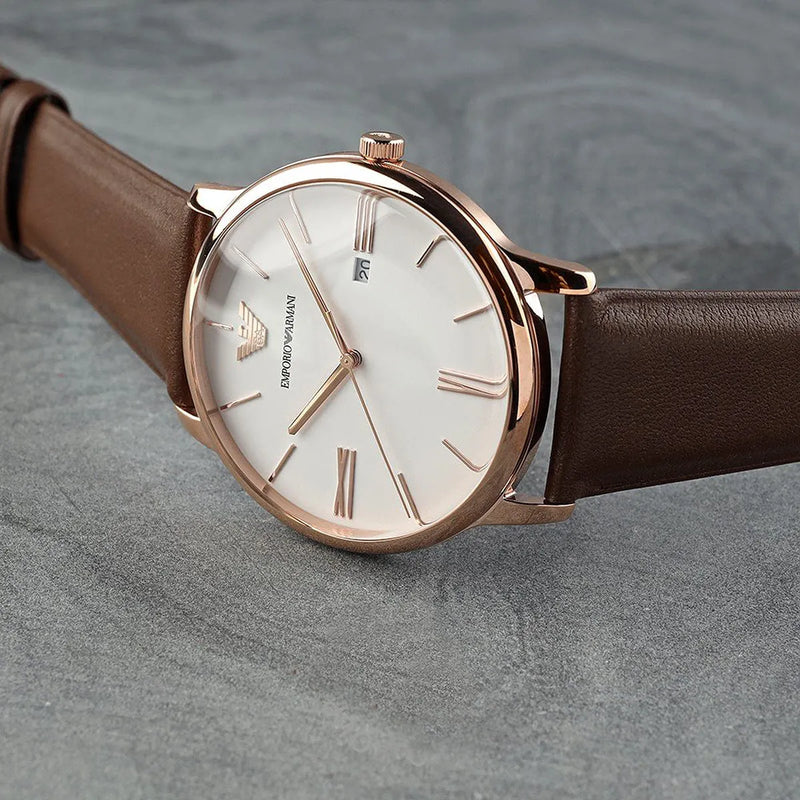 Emporio Armani Minimalist Quartz White Dial Brown Leather Strap Watch For Men - AR11572 Buy Now By Emporio Armani
