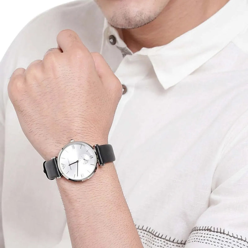 Emporio Armani Retro Analog Quartz Silver Dial Black Leather Strap Watch For Men - AR1674 Buy Now By Emporio Armani