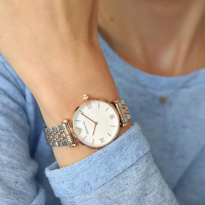 Emporio Armani T Bar Gianni Classic Mother Of Pearl Dial Two Tone Steel Strap Watch For Women - AR1683 Buy Now By Emporio Armani