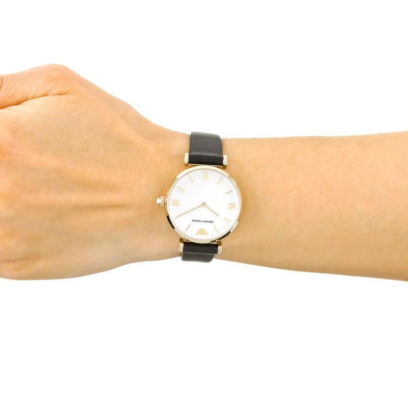 Emporio Armani Gianni T-Bar Quartz Mother of Pearl Dial Black Leather Strap Watch For Women - AR1910 Buy Now By Emporio Armani