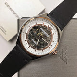 Emporio Armani Zeta Skeleton Automatic Silver Dial Black Leather Strap Watch For Men - AR60018 Buy Now By Emporio Armani