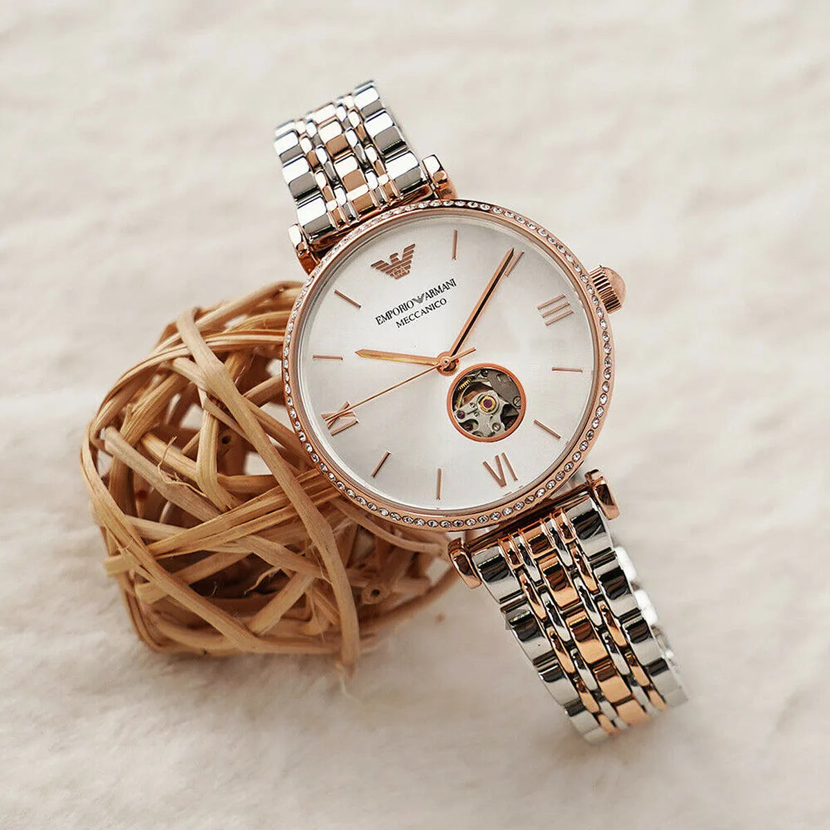 Emporio Armani Gianni T-Bar Analog White Dial Two Tone Steel Strap Watch For Women - AR60019