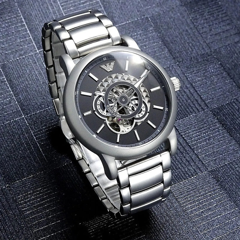 Emporio Armani Meccanico Automatic Skeleton Black Dial Silver Steel Strap Watch For Men - AR60021 Buy Now By Emporio Armani