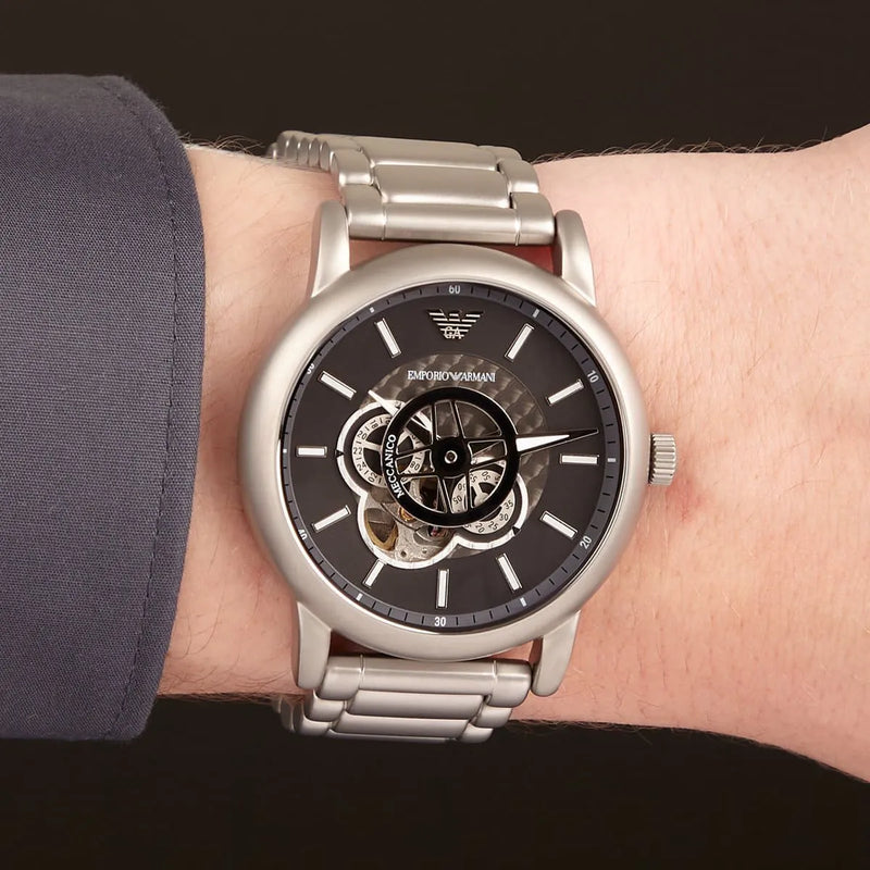 Emporio Armani Meccanico Automatic Skeleton Black Dial Silver Steel Strap Watch For Men - AR60021 Buy Now By Emporio Armani