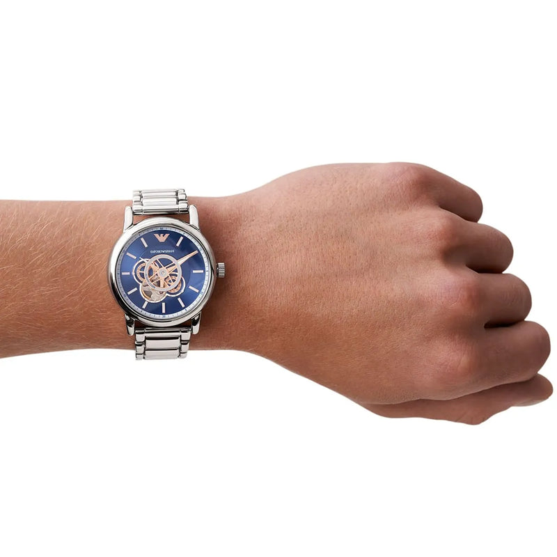 Emporio Armani Luigi Chronograph Skeleton Blue Dial Silver Steel Strap Watch For Men - AR60036 Buy Now By Emporio Armani