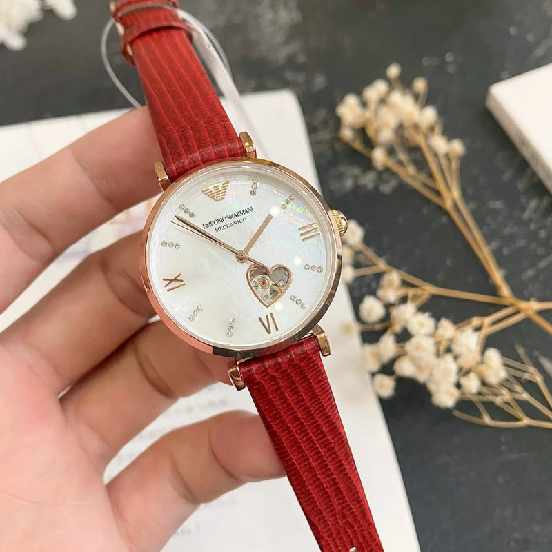 Emporio Armani Meccanico Automatic Silver Dial Burgundy Leather Strap Watch For Women - AR60044 Buy Now By Emporio Armani
