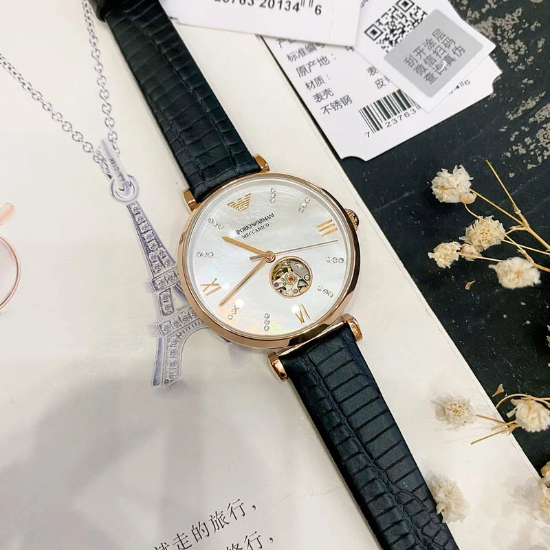 Emporio Armani Gianni T Bar Mother of Pearl White Dial Black Leather Strap Watch For Women - AR60047 Buy Now By Emporio Armani