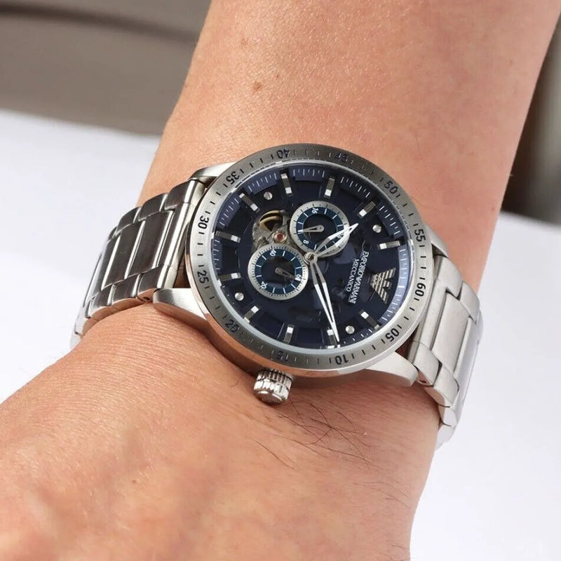 Emporio Armani Mario Chronograph Automatic Blue Dial Silver Steel Strap Watch For Men - AR60052 Buy Now By Emporio Armani
