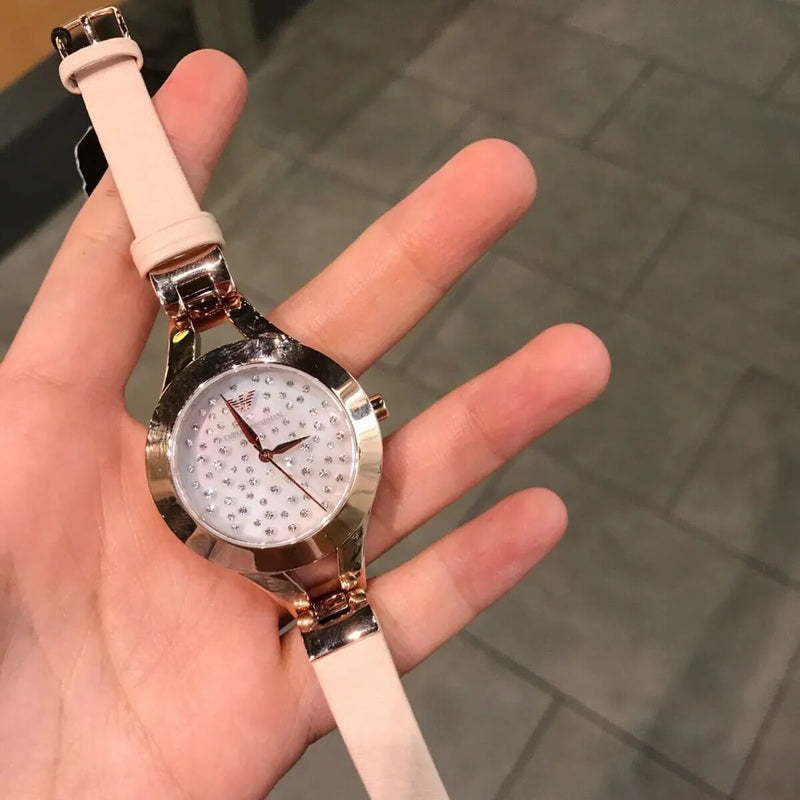 Emporio Armani Chiara Quartz Crystals White Dial Rose Gold Leather Strap Watch For Women - AR7437 Buy Now By Emporio Armani