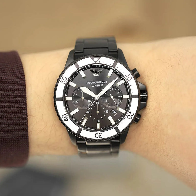 Emporio Armani Diver Chronograph Black Dial Black Steel Strap Watch For Men - AR80050 Buy Now By Emporio Armani