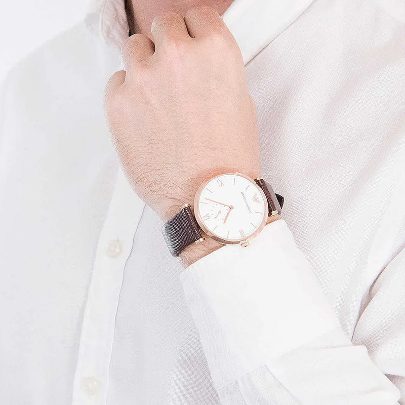 Emporio Armani Analog White Dial Brown Leather Strap Watch For Men - AR9042 Buy Now By Emporio Armani