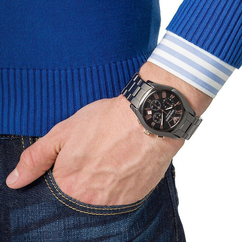 Emporio Armani Valente Ceramica Chronograph Black Dial Black Steel Strap Watch For Men - AR1410 Buy Now By Emporio Armani