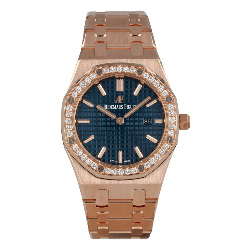 Audemars Piguet Royal Oak Quartz Diamonds Blue Dial Rose Gold Steel Strap Watch for Women - 67651OR.ZZ.1261OR.02