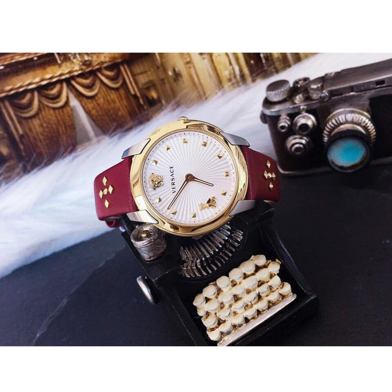 Versace Audrey Quartz Silver Dial Red Leather Strap Watch for Women - VELR00219 Buy Now By Versace