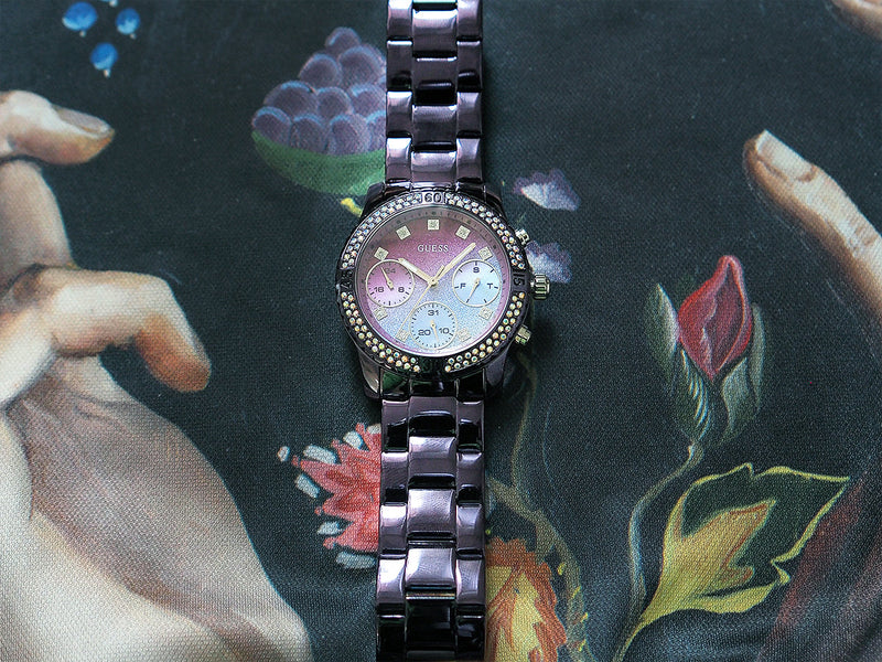 Shop Guess Confetti Diamonds Purple Dial Purple Steel Strap Watch for Women - W0774L4 in USA