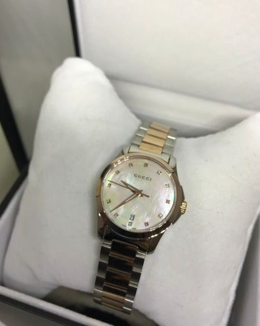 Shop Gucci G Timeless Diamonds Mother of Pearl Dial Two Tone Steel Strap Watch For Women - YA126544 in USA
