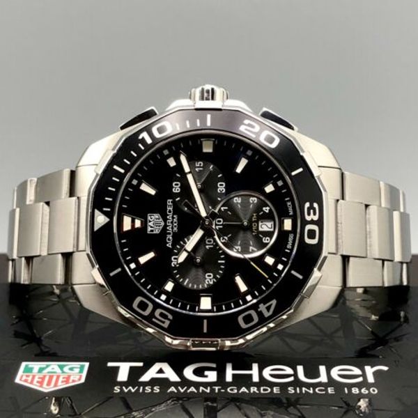 Tag Heuer Aquaracer Quartz Chronograph Black Dial Silver Steel Strap Watch for Men - CAY111A.BA0927