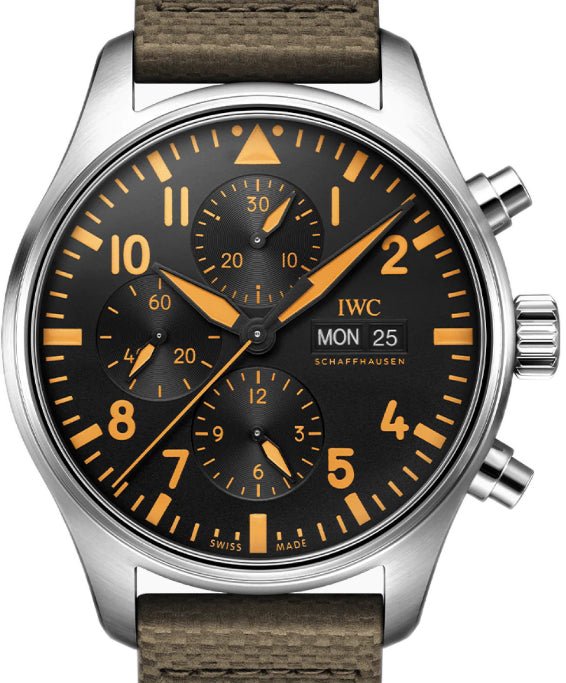 Shop IWC Pilot's Watch Chronograph Black Dial Olive Green Calfskin Strap Watch for Men - IW377730 in USA