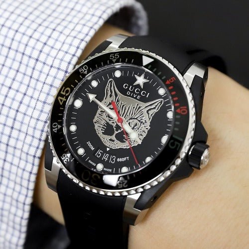 Shop Gucci Dive Feline Black Dial Black Rubber Strap Watch For Men - YA136320 in USA